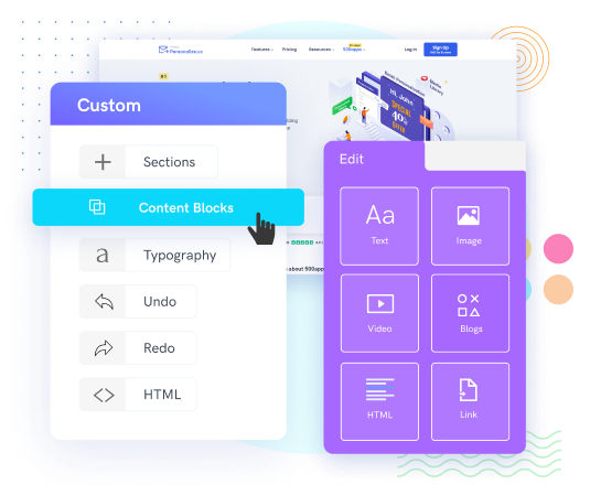 Drag-and-drop interface showing content blocks being arranged on a landing page